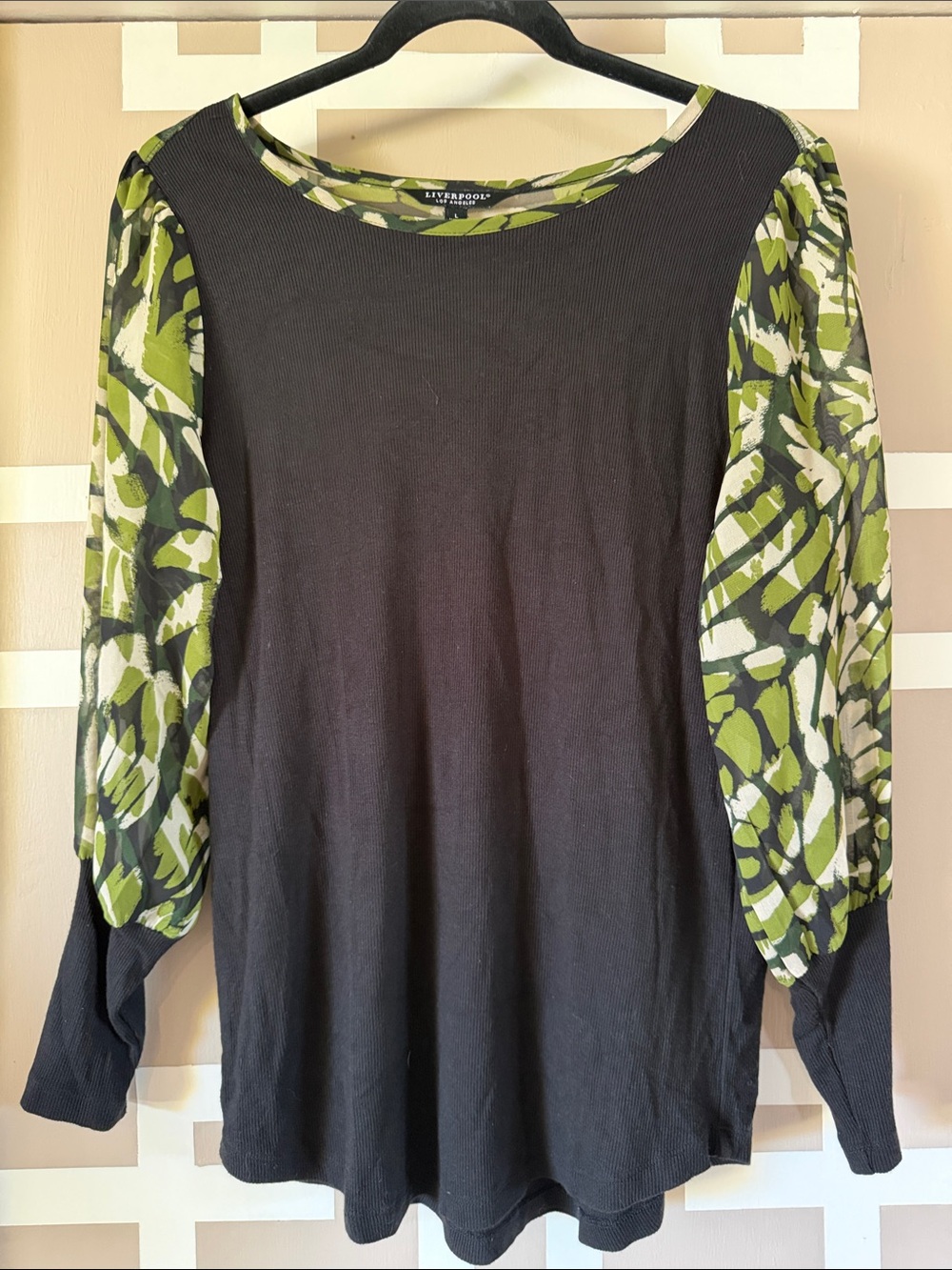 Liverpool Black Knit Top with Olive Green Printed Puff Sleeves